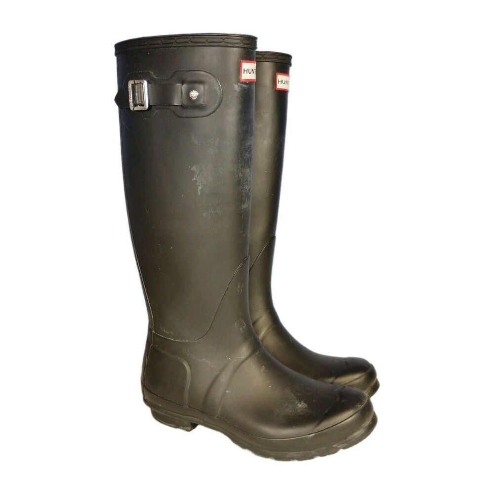Hunter Tall Rain Boots Womens Black Rubber Waterproof Buckle Classic Size 7
